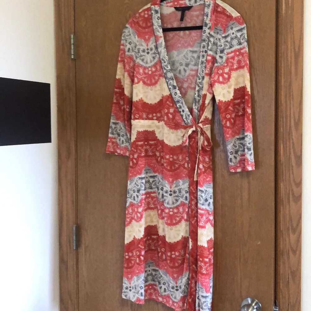 BCBG wrap dress coral/yellow/grey/white.